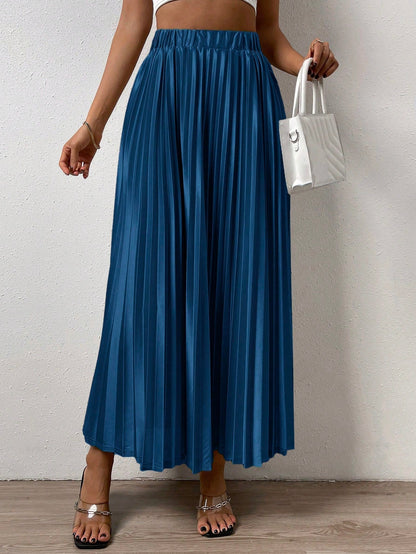 Solid Elastic Waist Pleated Skirt