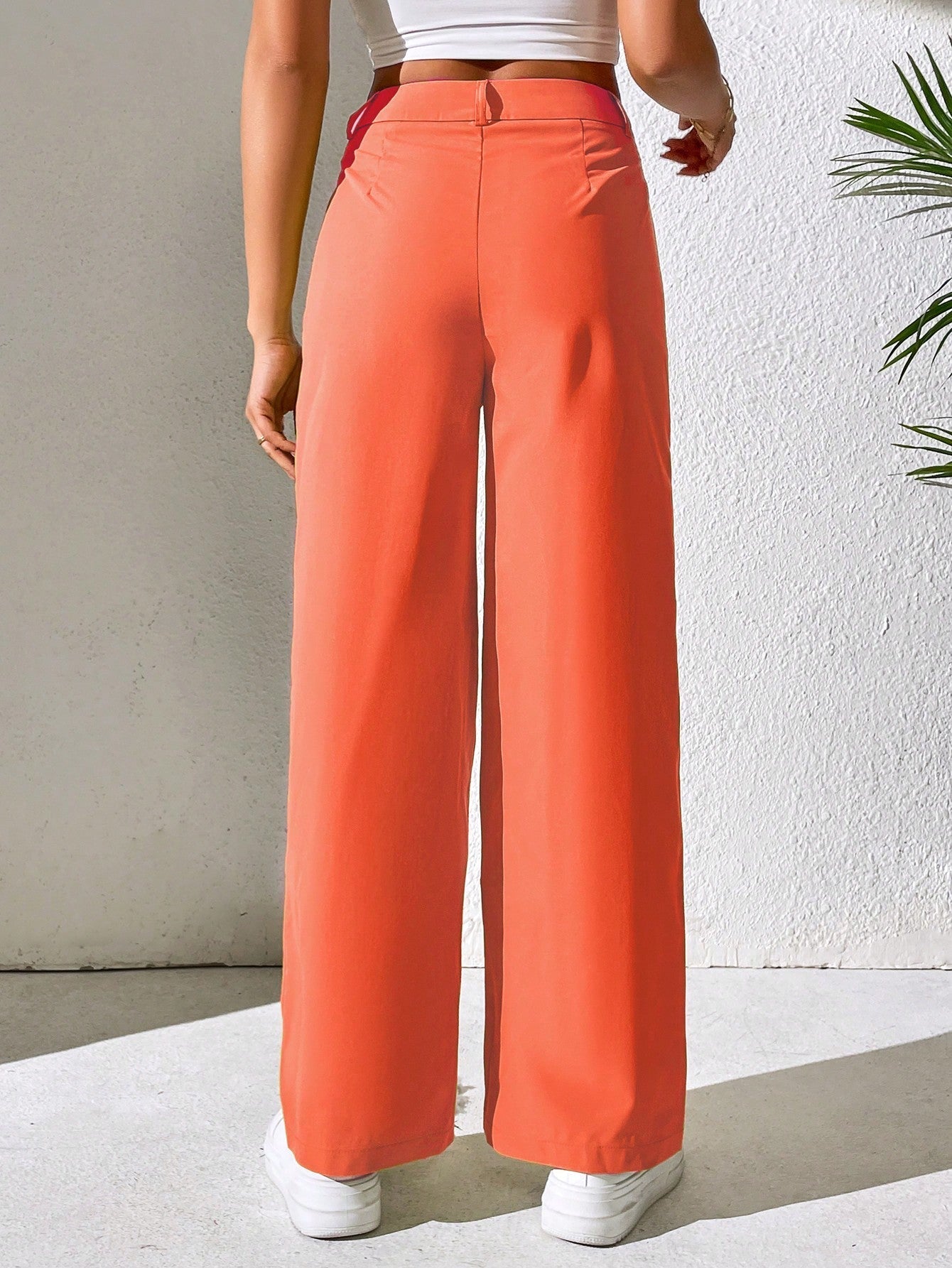 Solid Plicated Detail Straight Leg Pants