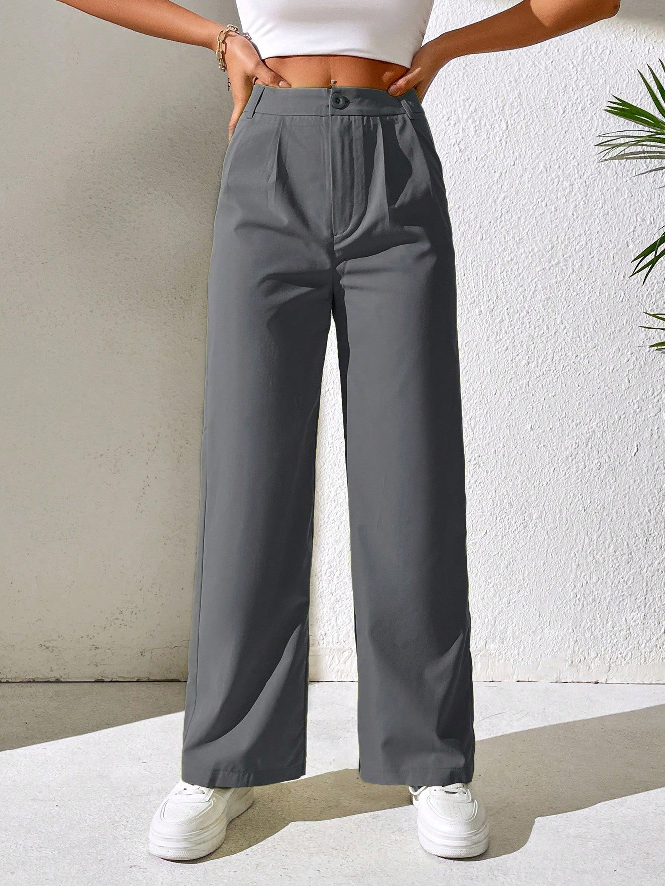 Solid Plicated Detail Straight Leg Pants