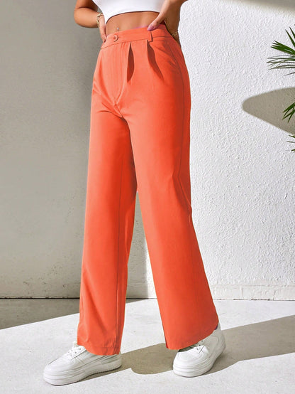 Solid Plicated Detail Straight Leg Pants