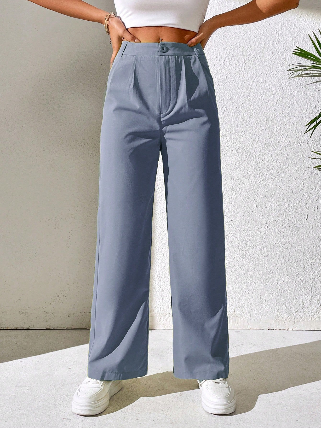 Solid Plicated Detail Straight Leg Pants