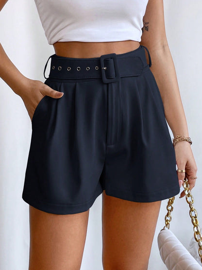 Fold Pleated Belted Wide Leg Shorts