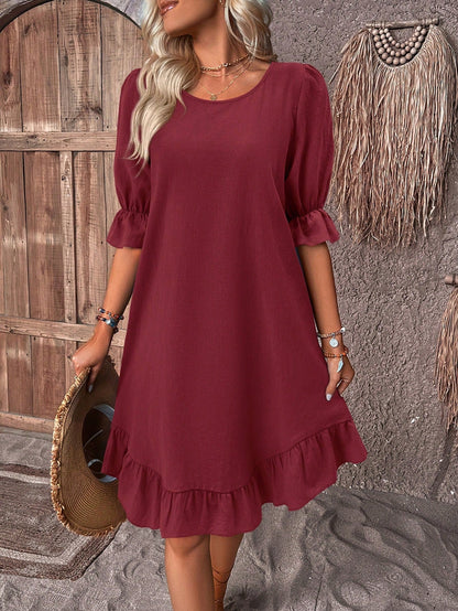 Solid Ruffle Hem Smock Dress