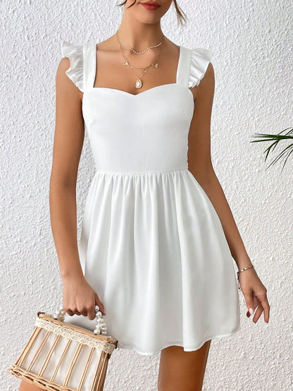 Solid Ruffle Trim Tie Back Dress