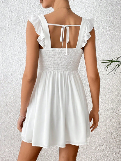 Solid Ruffle Trim Tie Back Dress