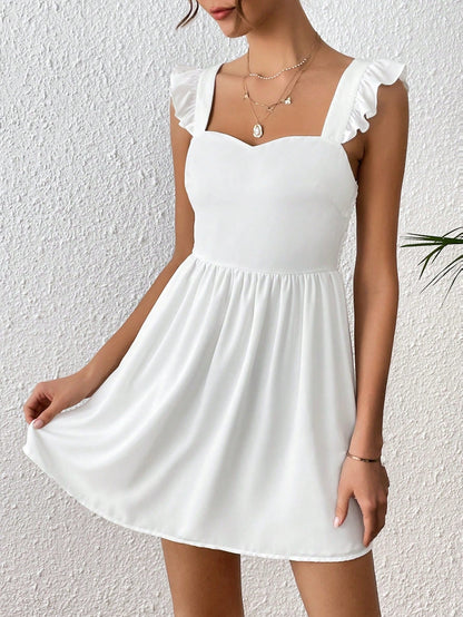 Solid Ruffle Trim Tie Back Dress