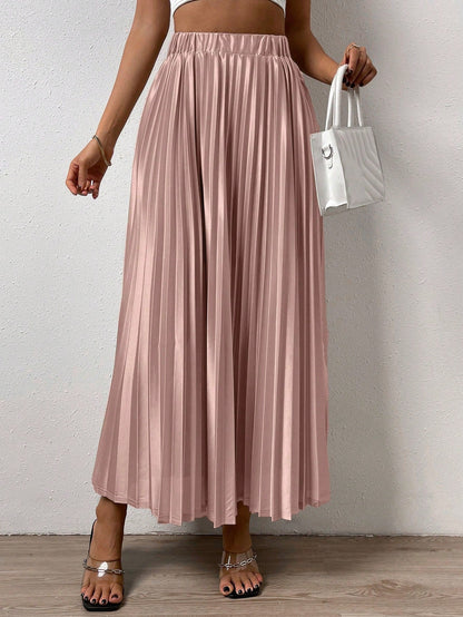 Solid Elastic Waist Pleated Skirt