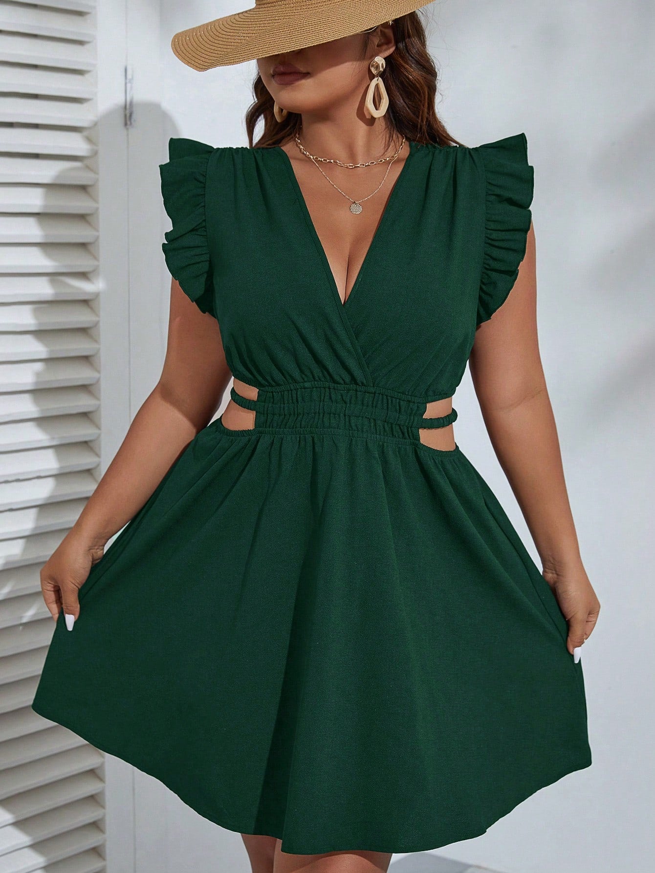 Ruffle Trim Cut Out Waist Dress