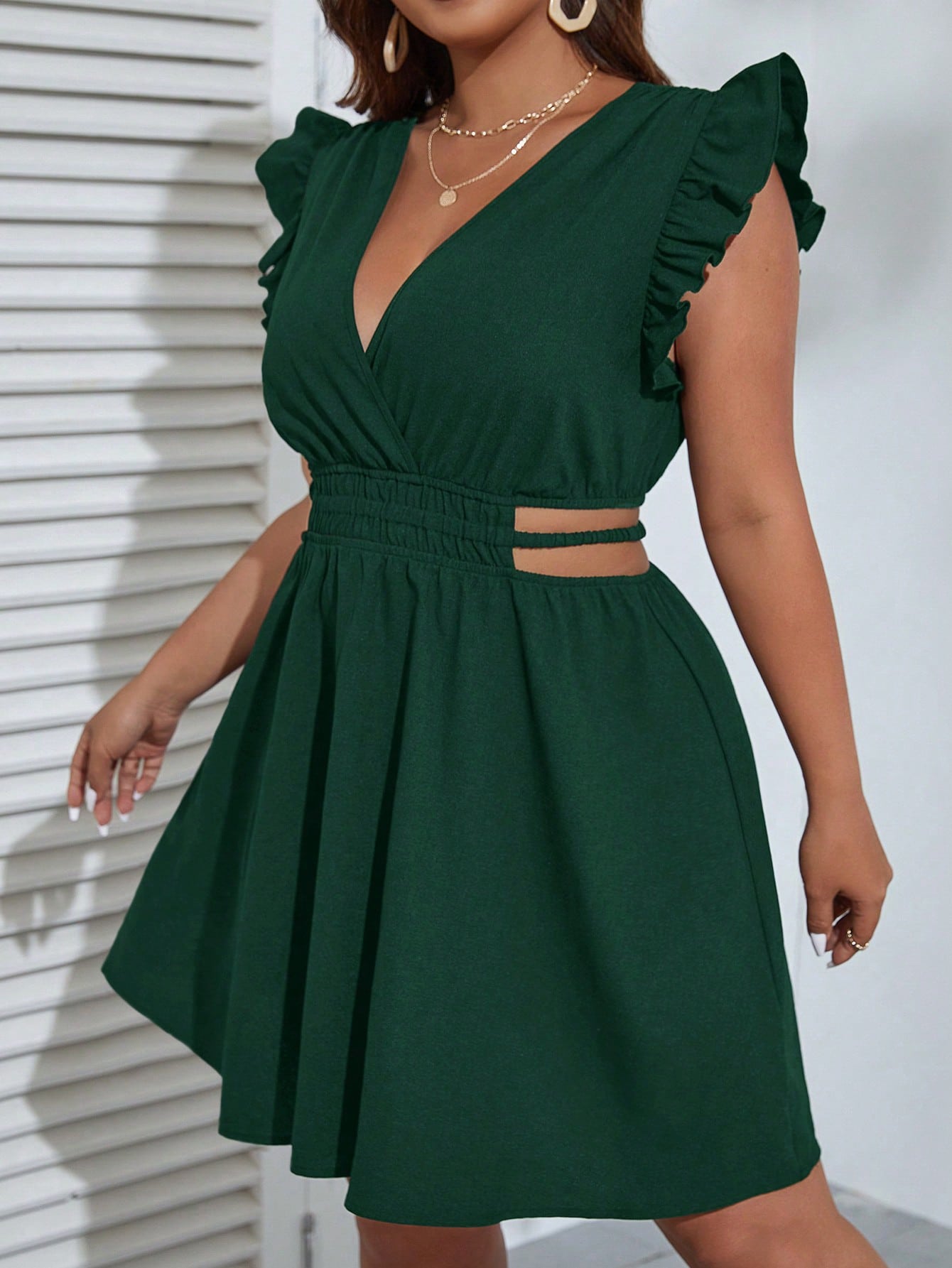 Ruffle Trim Cut Out Waist Dress