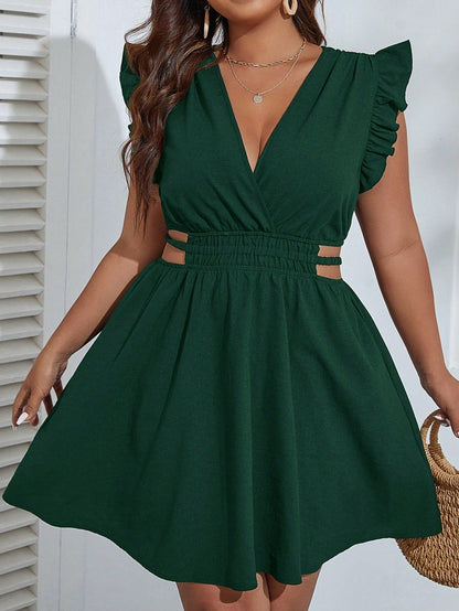 Ruffle Trim Cut Out Waist Dress