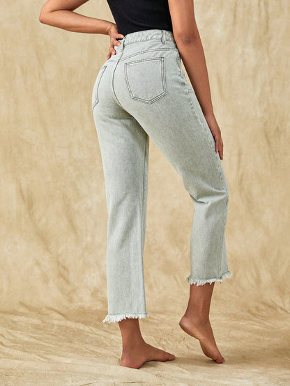 Raw Hem Straight Leg Jeans