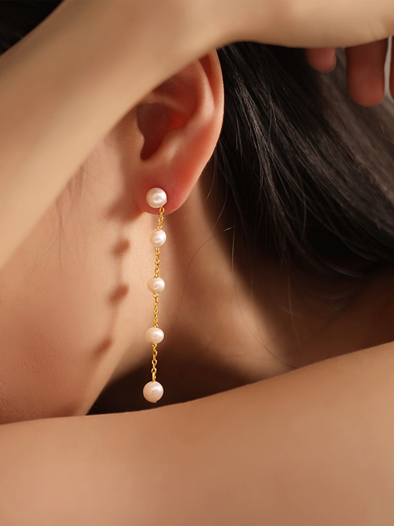 Temperament Simple Long Chain Tassel Faux Pearl Earrings