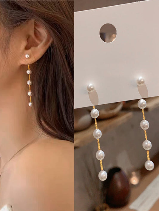 Temperament Simple Long Chain Tassel Faux Pearl Earrings