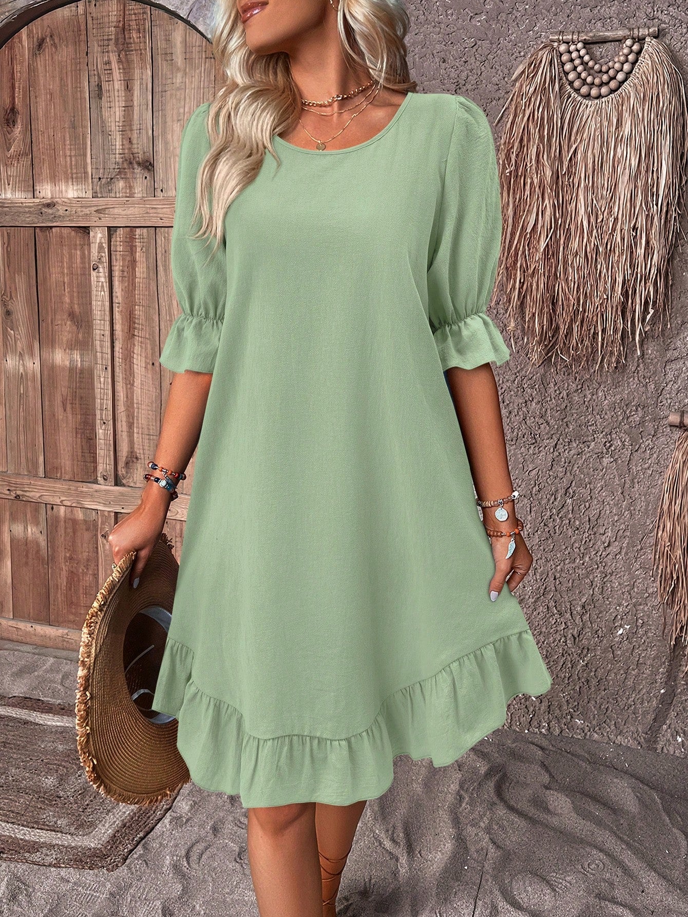 Solid Ruffle Hem Smock Dress