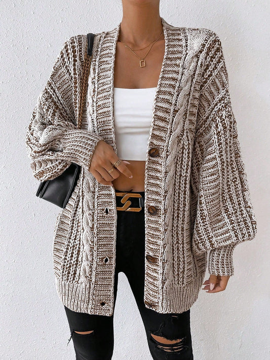 Space Dye Drop Shoulder Cable Knit Lantern Sleeve Cardigan