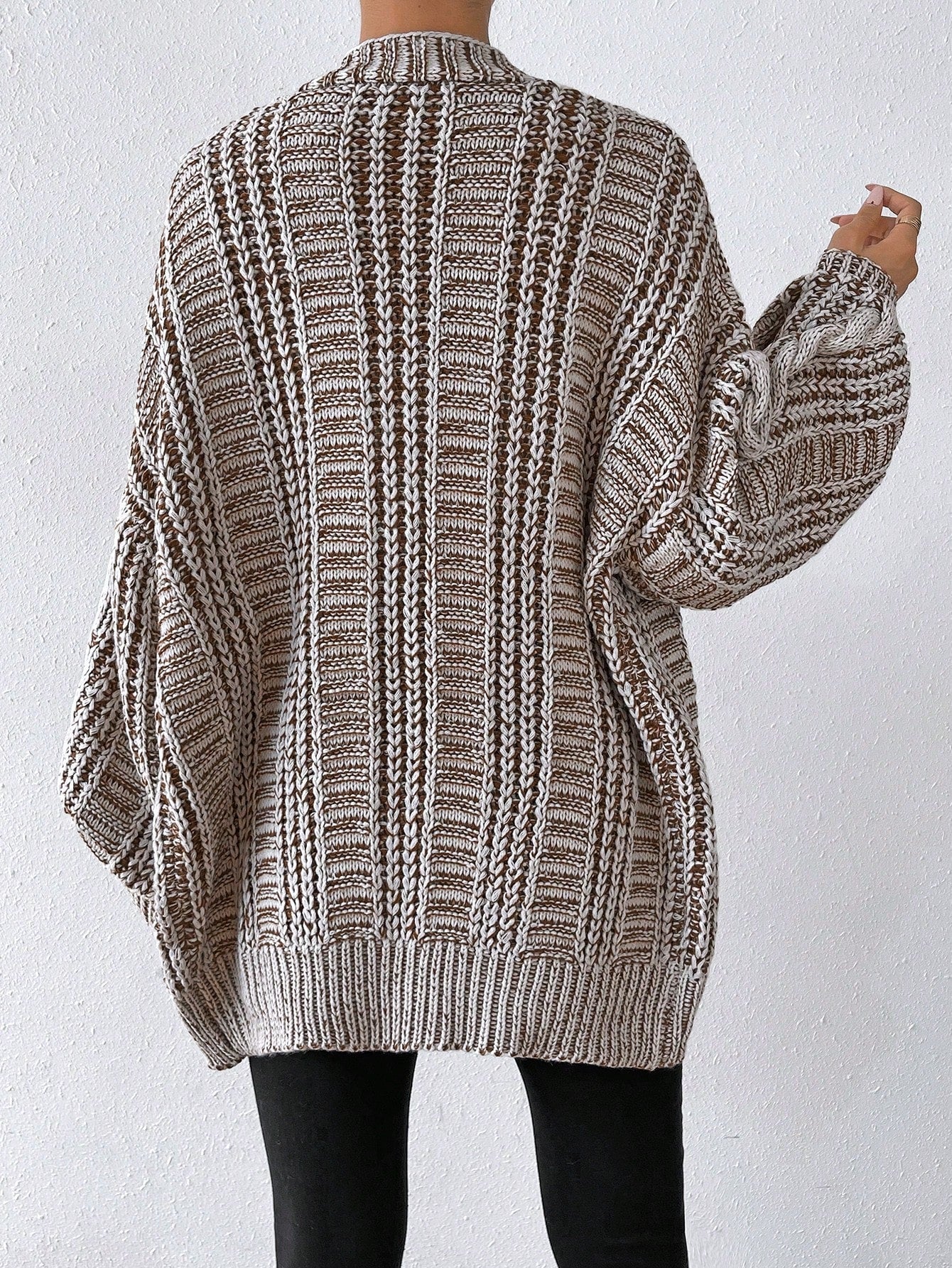 Space Dye Drop Shoulder Cable Knit Lantern Sleeve Cardigan