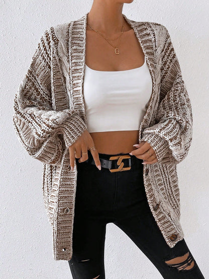 Space Dye Drop Shoulder Cable Knit Lantern Sleeve Cardigan