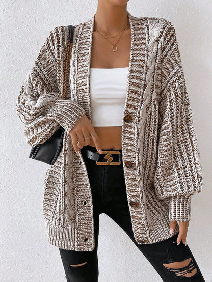 Space Dye Drop Shoulder Cable Knit Lantern Sleeve Cardigan