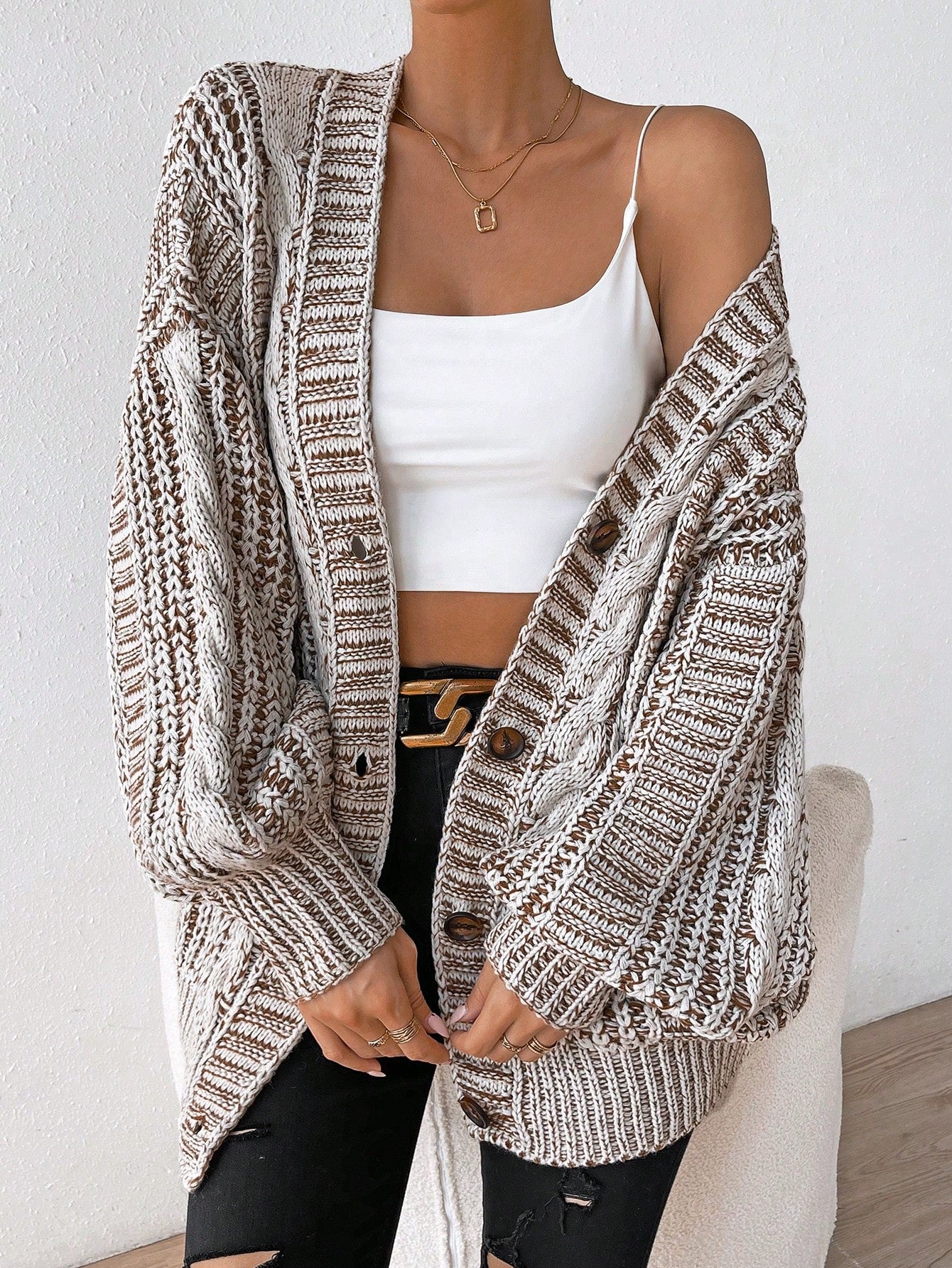 Space Dye Drop Shoulder Cable Knit Lantern Sleeve Cardigan