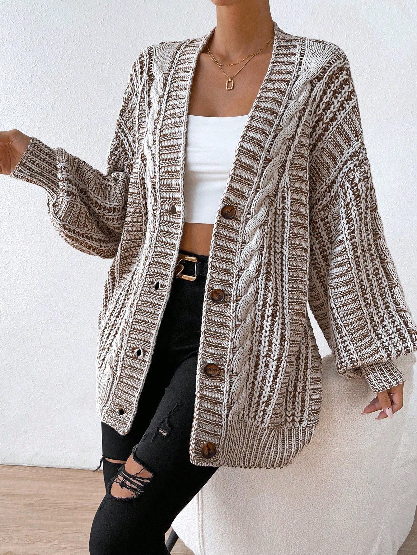 Space Dye Drop Shoulder Cable Knit Lantern Sleeve Cardigan