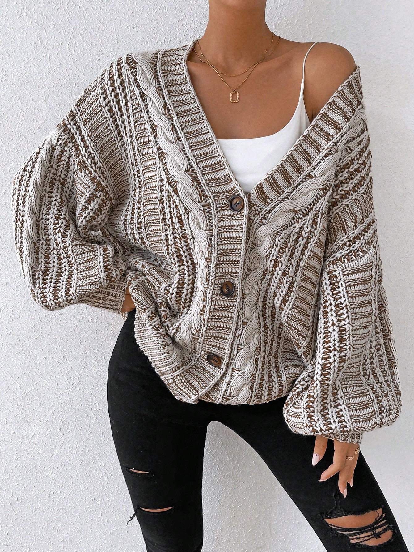 Space Dye Drop Shoulder Cable Knit Lantern Sleeve Cardigan