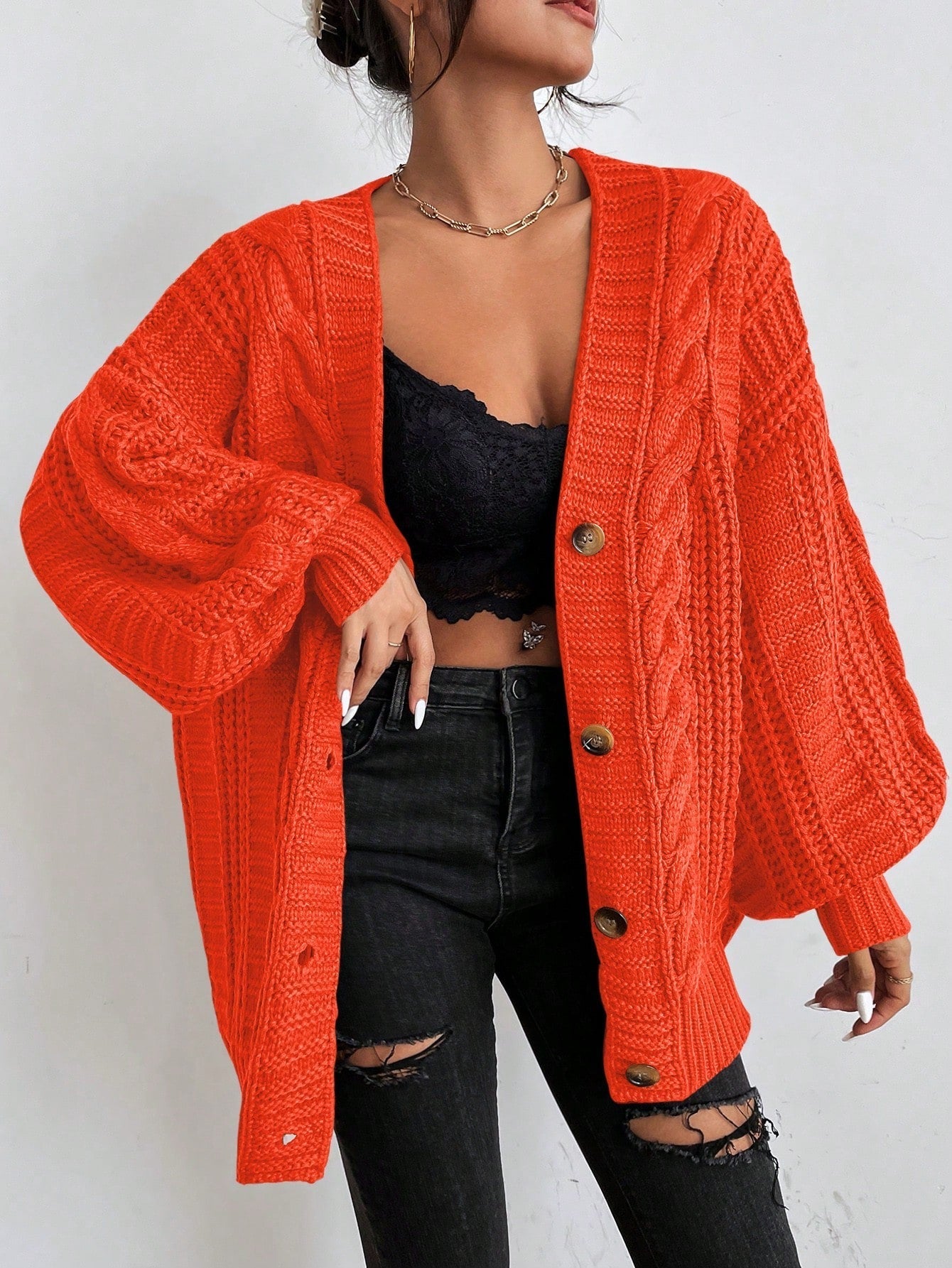 Space Dye Drop Shoulder Cable Knit Lantern Sleeve Cardigan