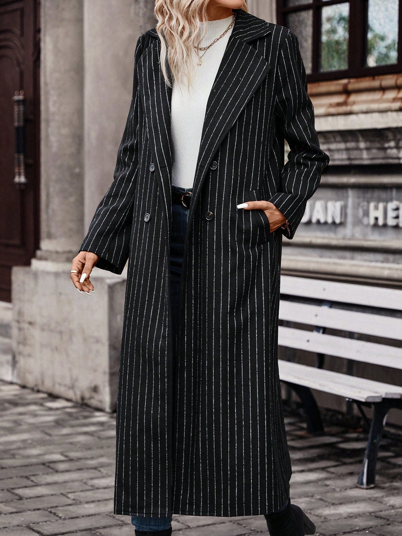 Striped Print Double Button Coat