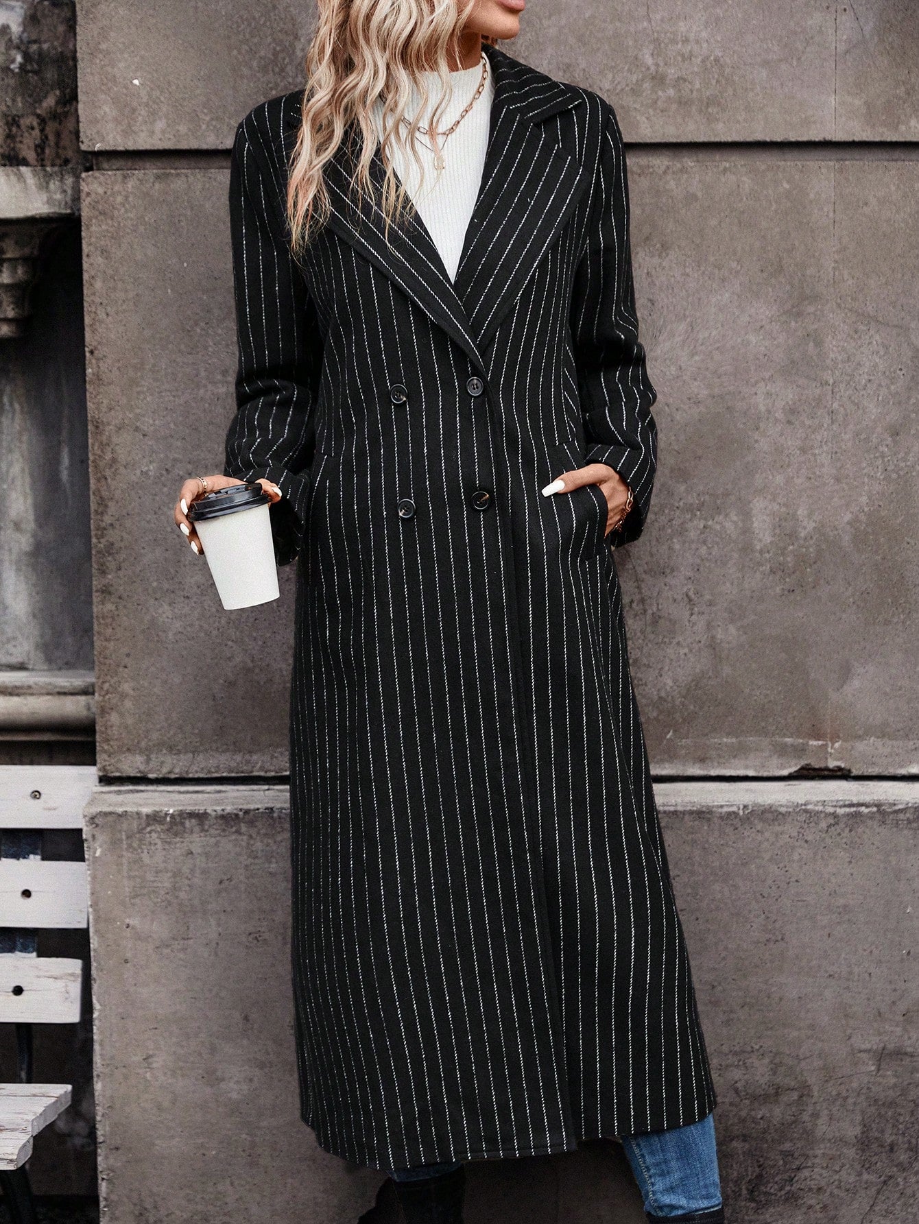 Striped Print Double Button Coat