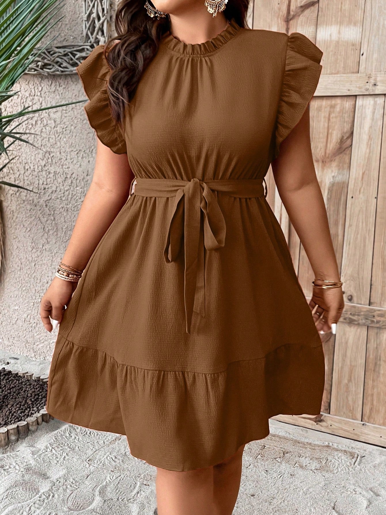 Ruffle Trim Belted Dress