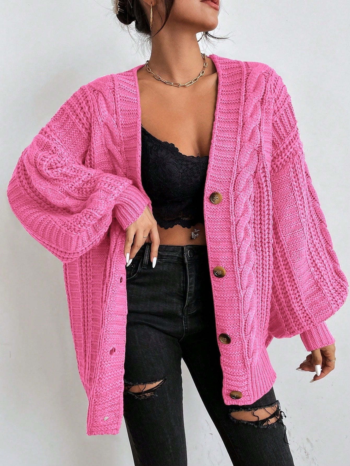 Space Dye Drop Shoulder Cable Knit Lantern Sleeve Cardigan