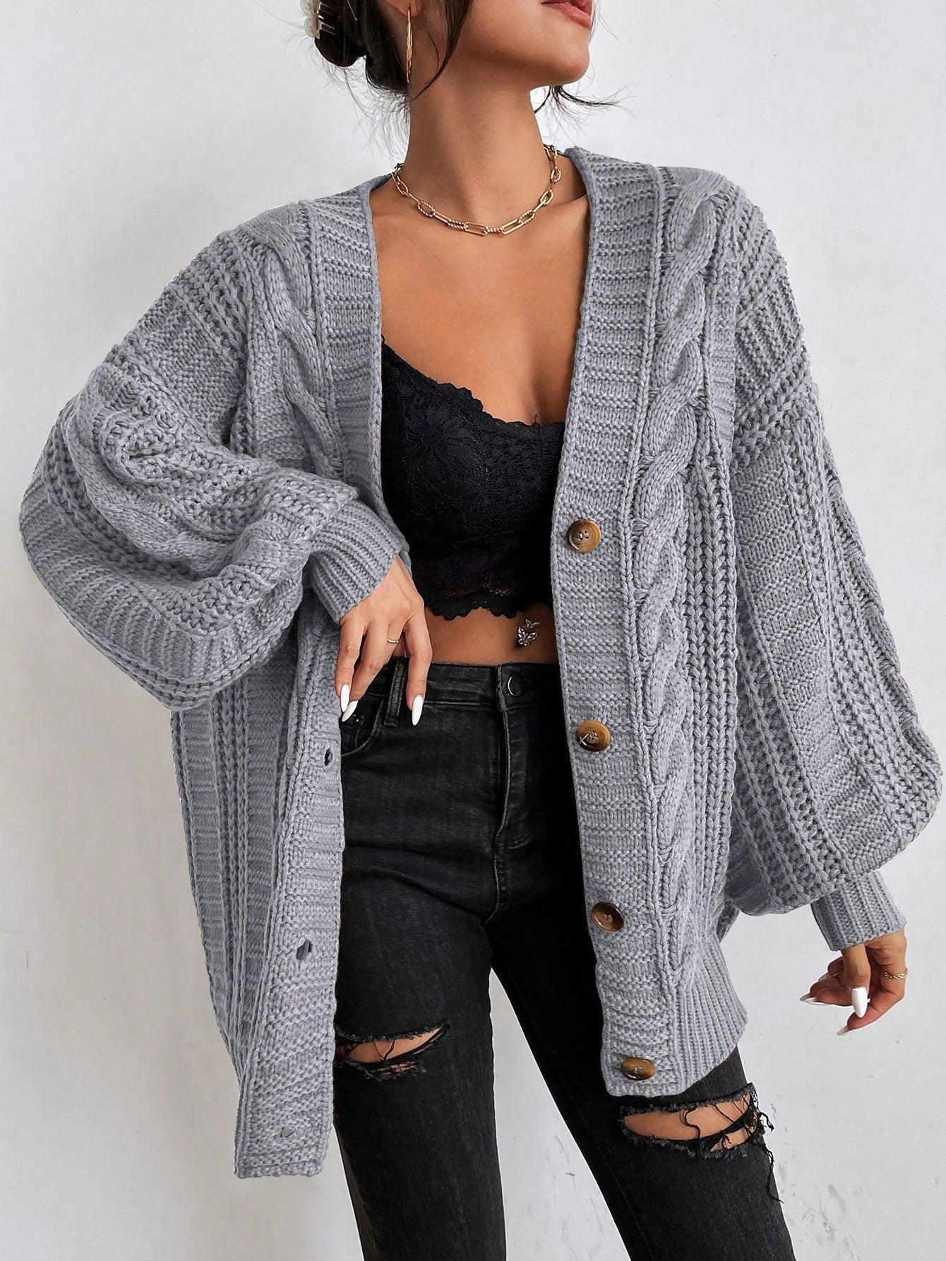 Space Dye Drop Shoulder Cable Knit Lantern Sleeve Cardigan