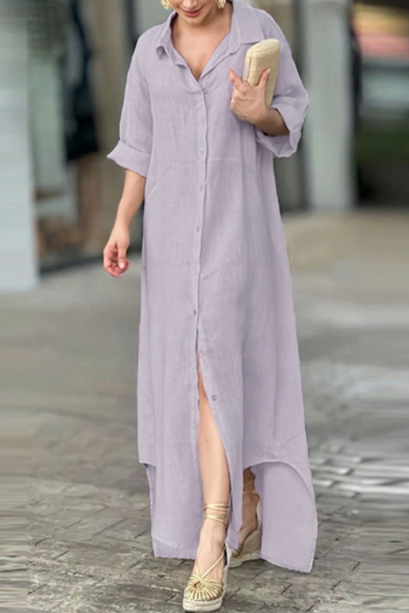 Solid Blouse Casual Buttons Neckline Turndown Dress