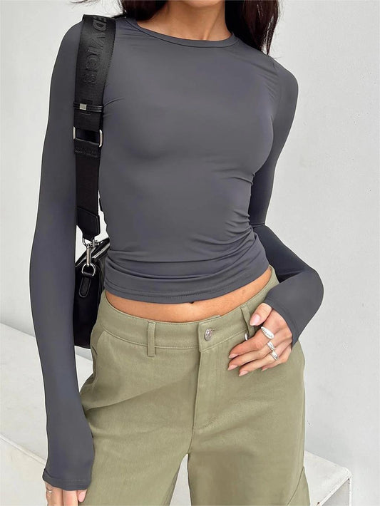 Cosybreezee - Basic Solid Color Slim Long Sleeve Crop Top