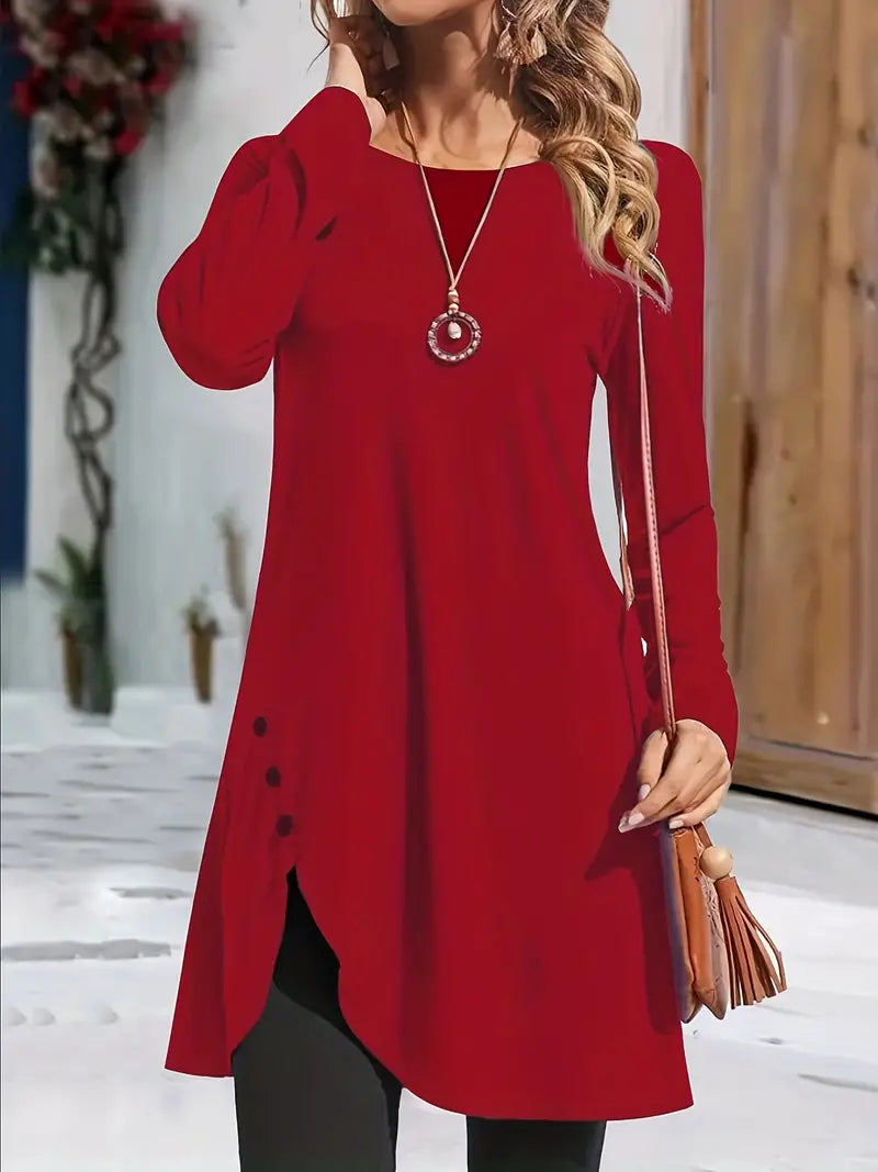 Asymmetrical Hem Button Crew Neck Dress with Long Sleeves