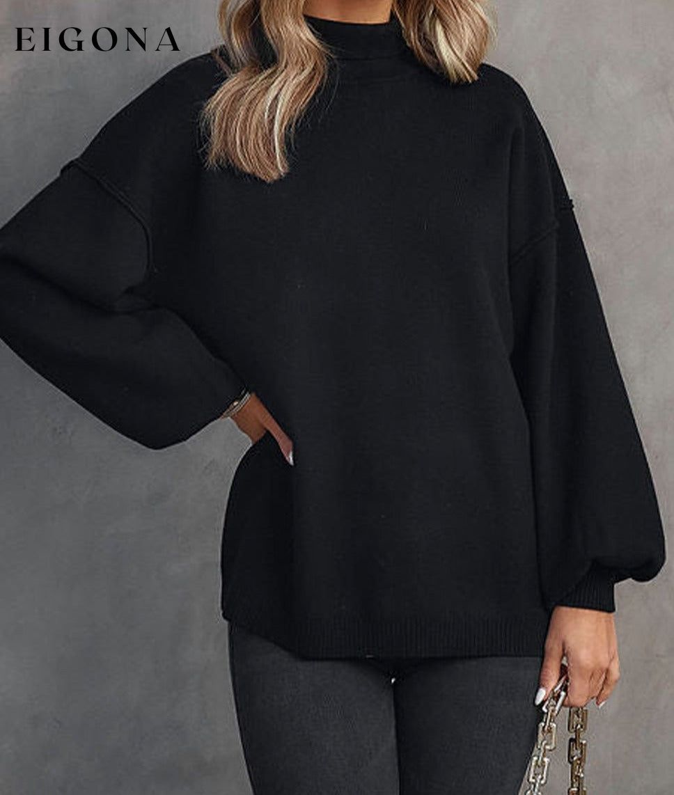 Cosybreezee - Black Turtleneck Drop Shoulder Bubble Sleeve Knit Sweater