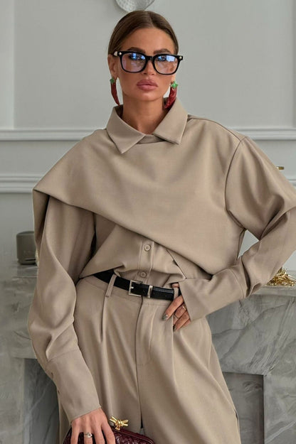 Vintage Chic Lapel Scarf Top & Wide Leg Pants Two Piece Set