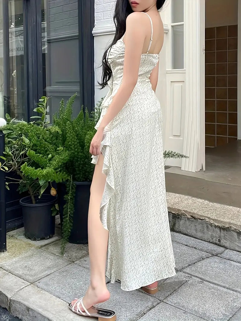 Ruffles Spaghetti Strap Backless Maxi Dress for Summer