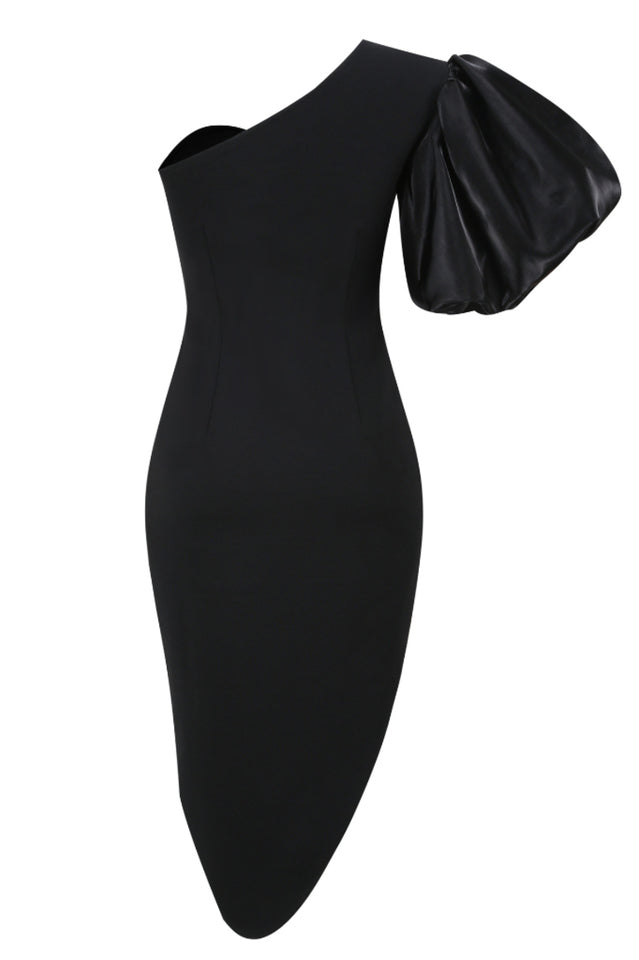 Black Puff Sleeve Charming Asymmetric Midi Dress