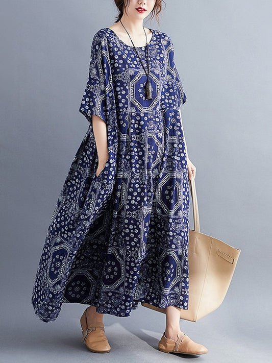 Bohemian Pockets House - Swing Gown With Blue Print