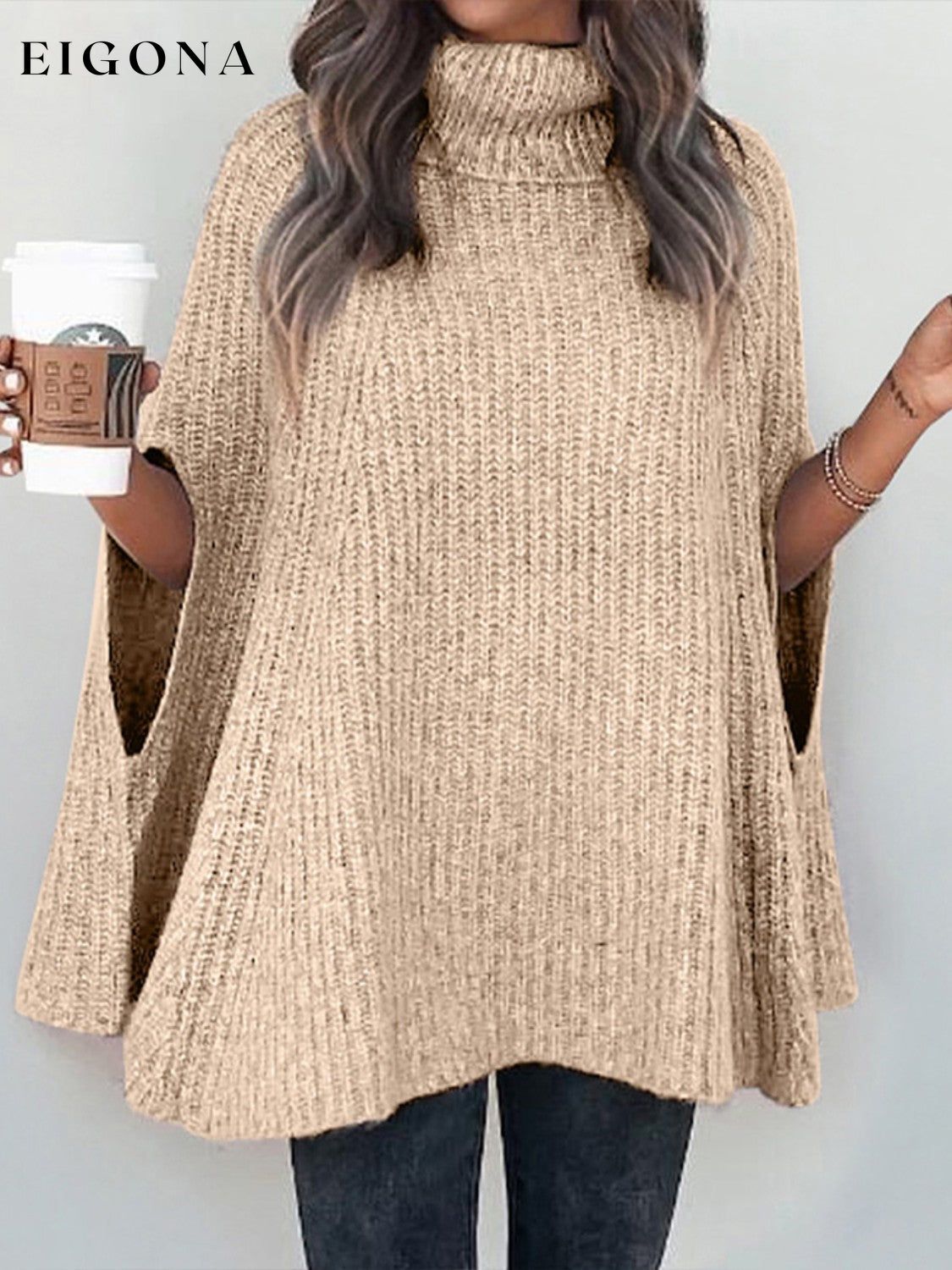 Cosybreezee - Turtleneck Dolman Sleeve Poncho Fashion Sweater