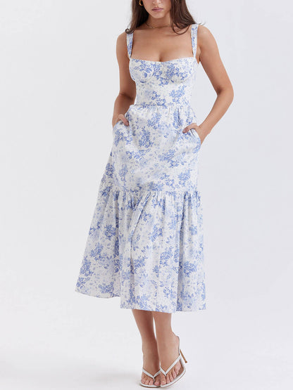 Strap A-Hem Stylish Floral Midi Dress