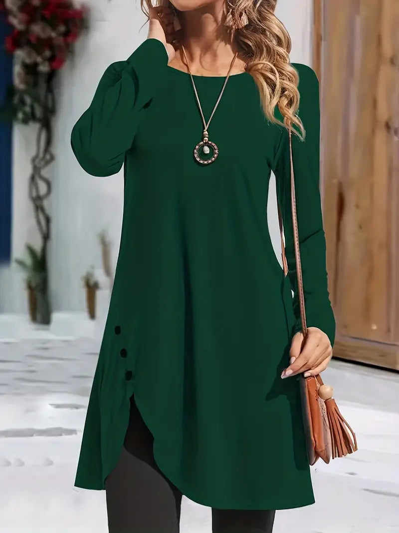 Asymmetrical Hem Button Crew Neck Dress with Long Sleeves