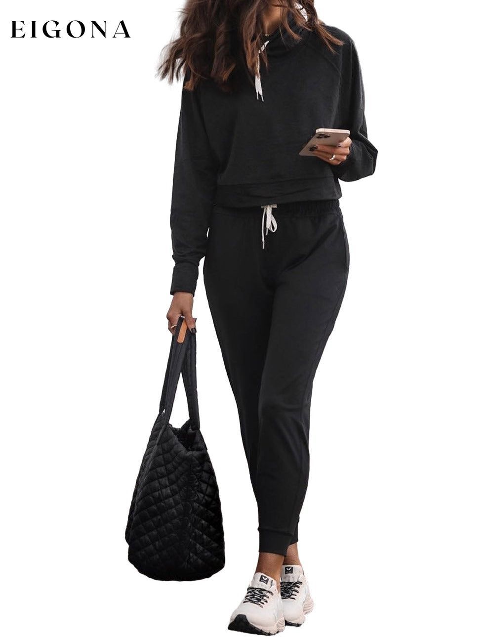 Cosybreezee - Black Drawstring Hoodie and High Waist Pants Lounge Set