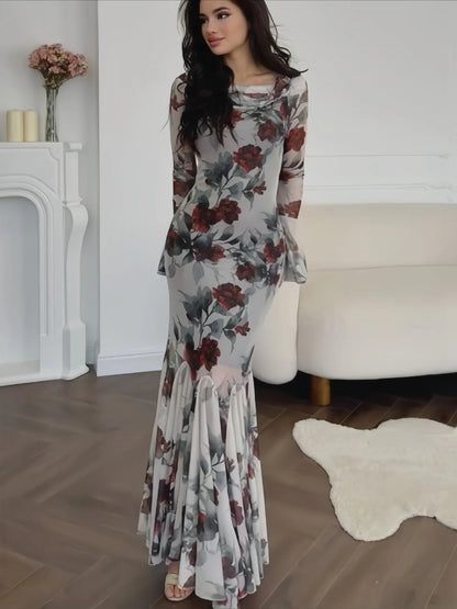 Floral Print Long Sleeve Romantic Party Dress