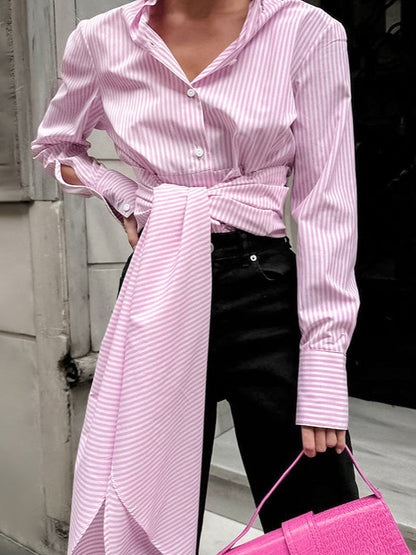 Striped Tie Waist Long Sleeve Blouse