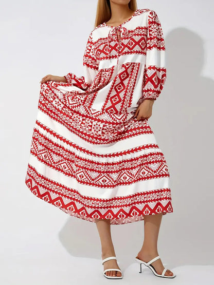 Boho Puff Sleeve Maxi Loose Dress in Red Print