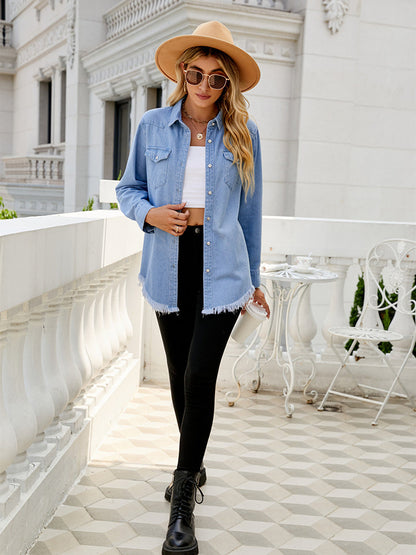 Raw Hem Denim Arm Long Blouse Jacket