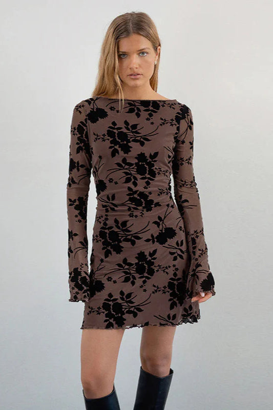 Velvet Floral Flocked Slim Fit Long Sleeve Mini Party Dress