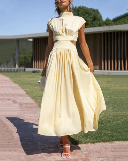 Solid color long dress with stand collar and waist tie