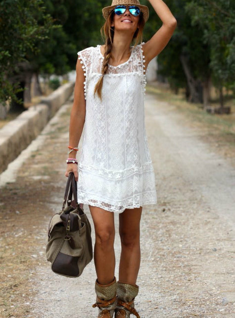 Beach Short Dress with Tassel in Black and White - Mini Lace Dress